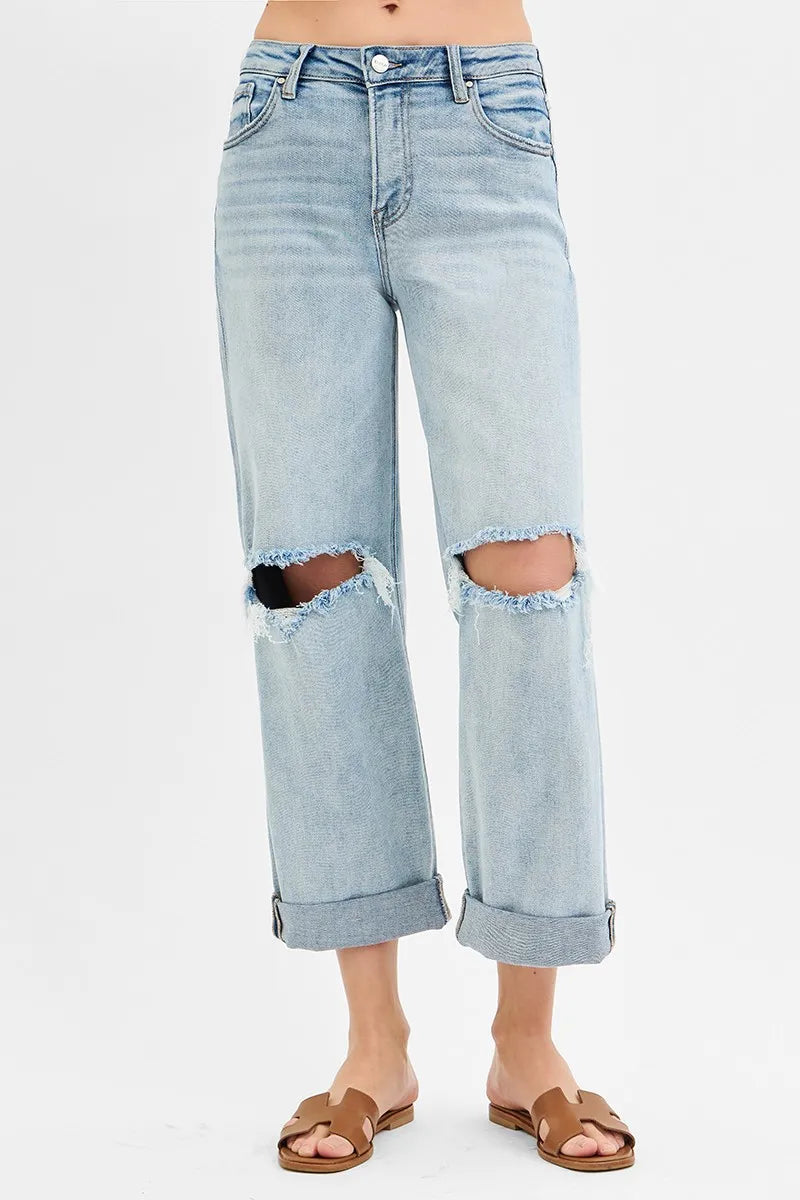 RISEN Mid Rise Cuffed Boyfriend Jeans