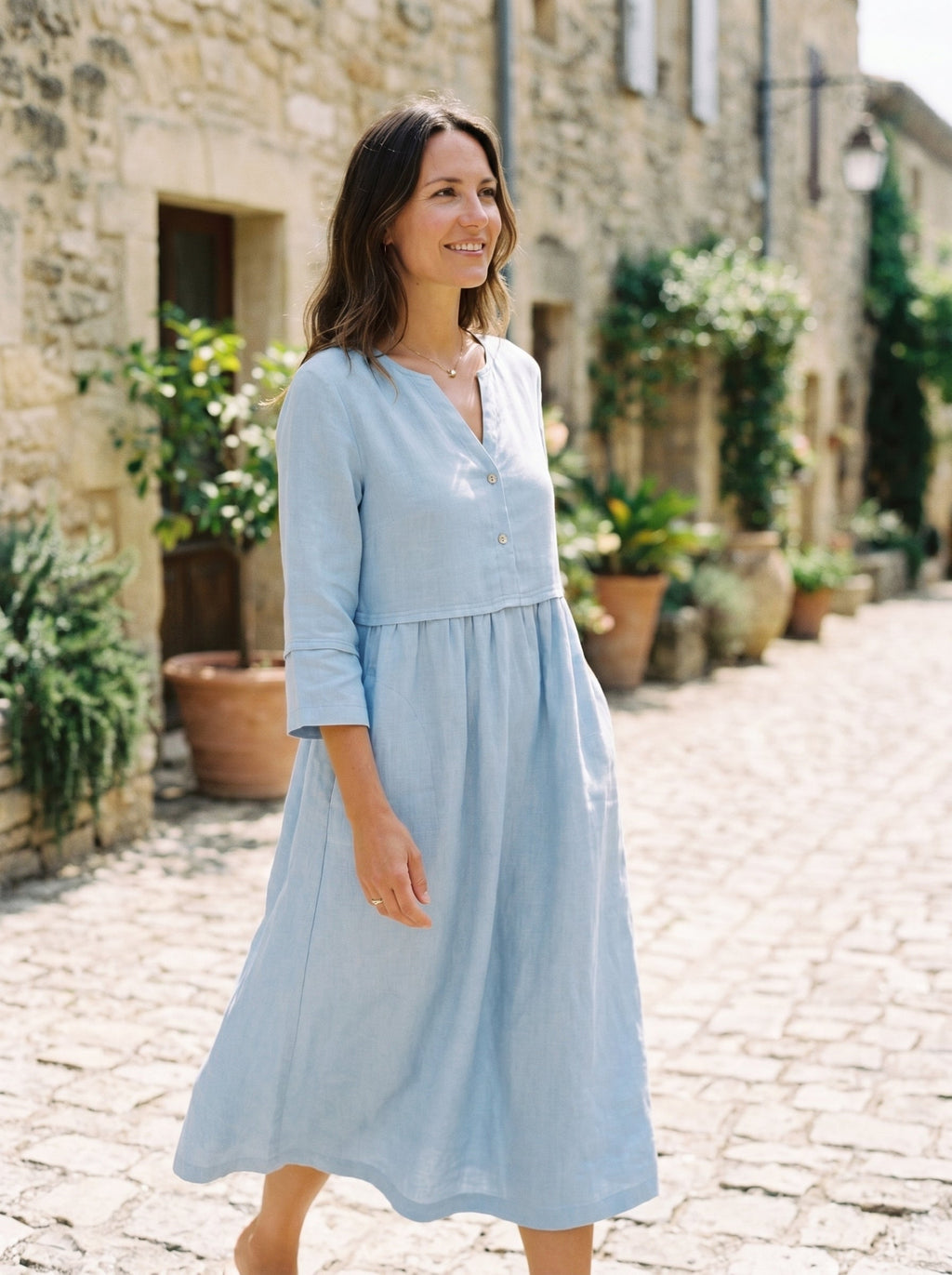 100% Linen Loose Fit Button Waist Gathered Maxi Dress LUNA