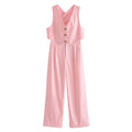 Women Clothing French All Match Decorated Row Button Vest Top Wide Leg Pants Suit Crisscross
