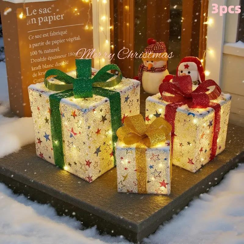 3-Pack Christmas Gift Box Lights – Transparent Red Design with Fairy Light Strings for Indoor Decor. Features Battery Dual Power Supply, 8 Flashing Modes with Timer Function. Perfect for Christmas Trees, Home Decor, Weddings & Birthday Parties