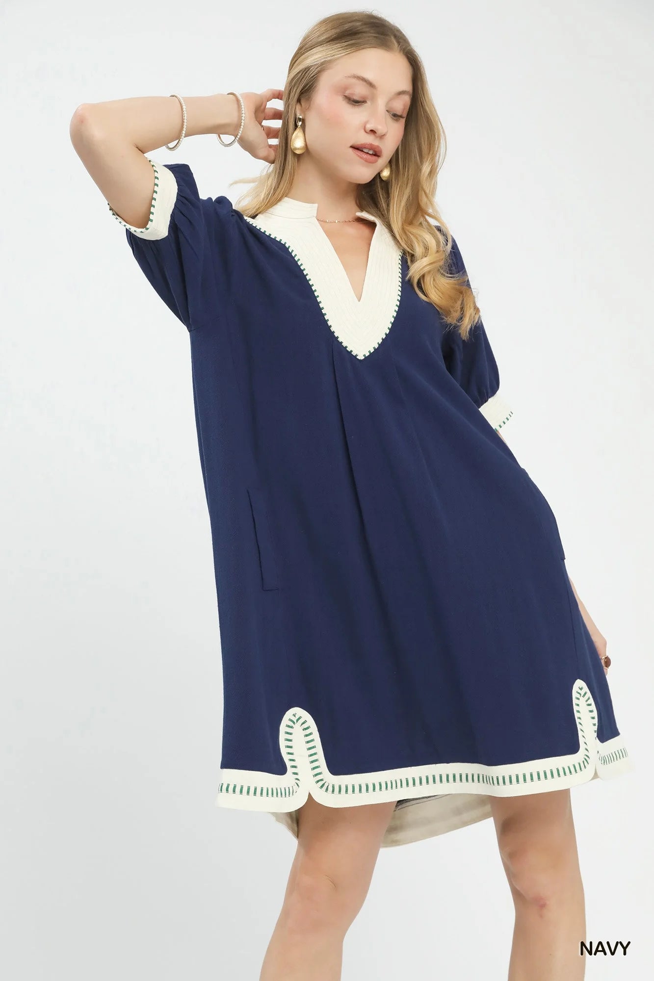 Umgee Linen Contrast Trim Midi Dress