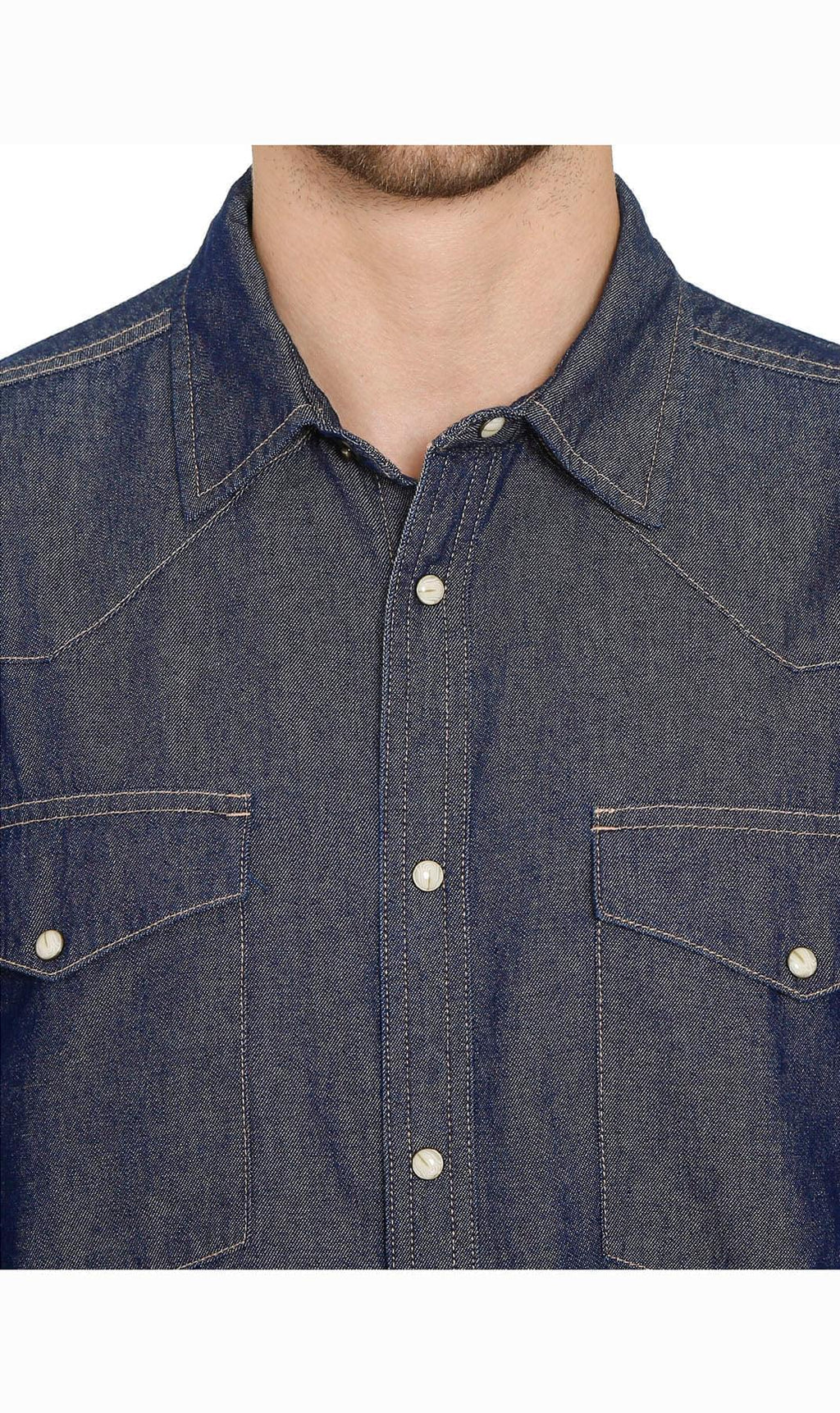 Men's Western Snap Button Shirt — Denim and Twill with Stitched Yoke