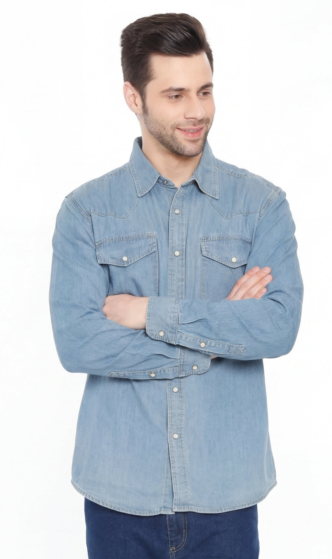 Men's Western Snap Button Shirt — Denim and Twill with Stitched Yoke