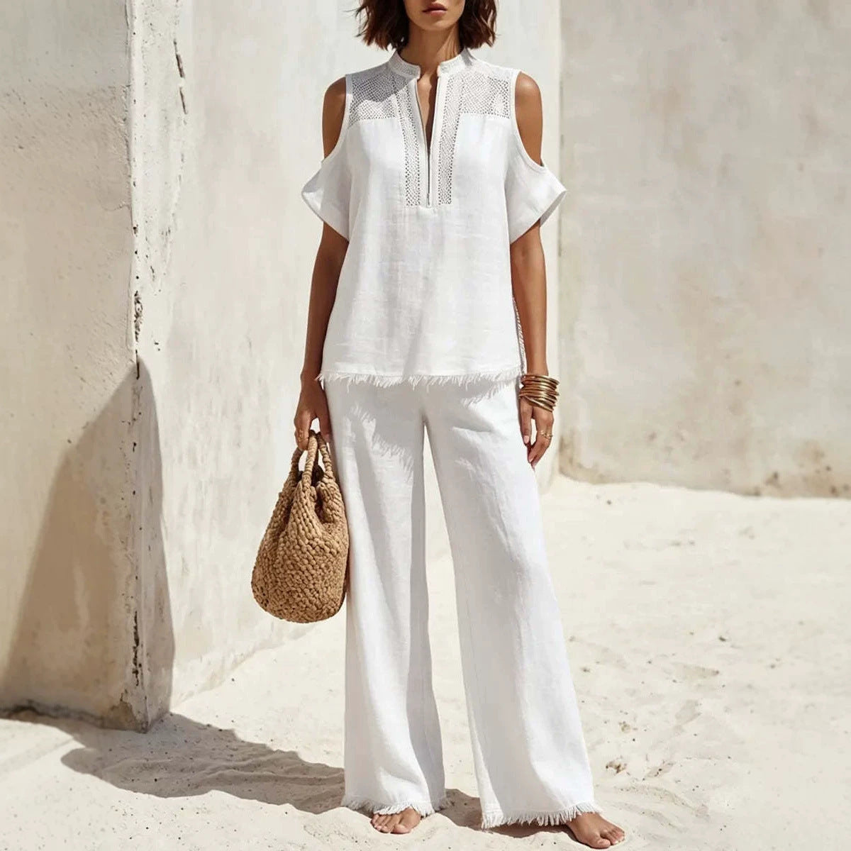Women's Off-Shoulder Short-Sleeve Linen Blend Pantsuit Set