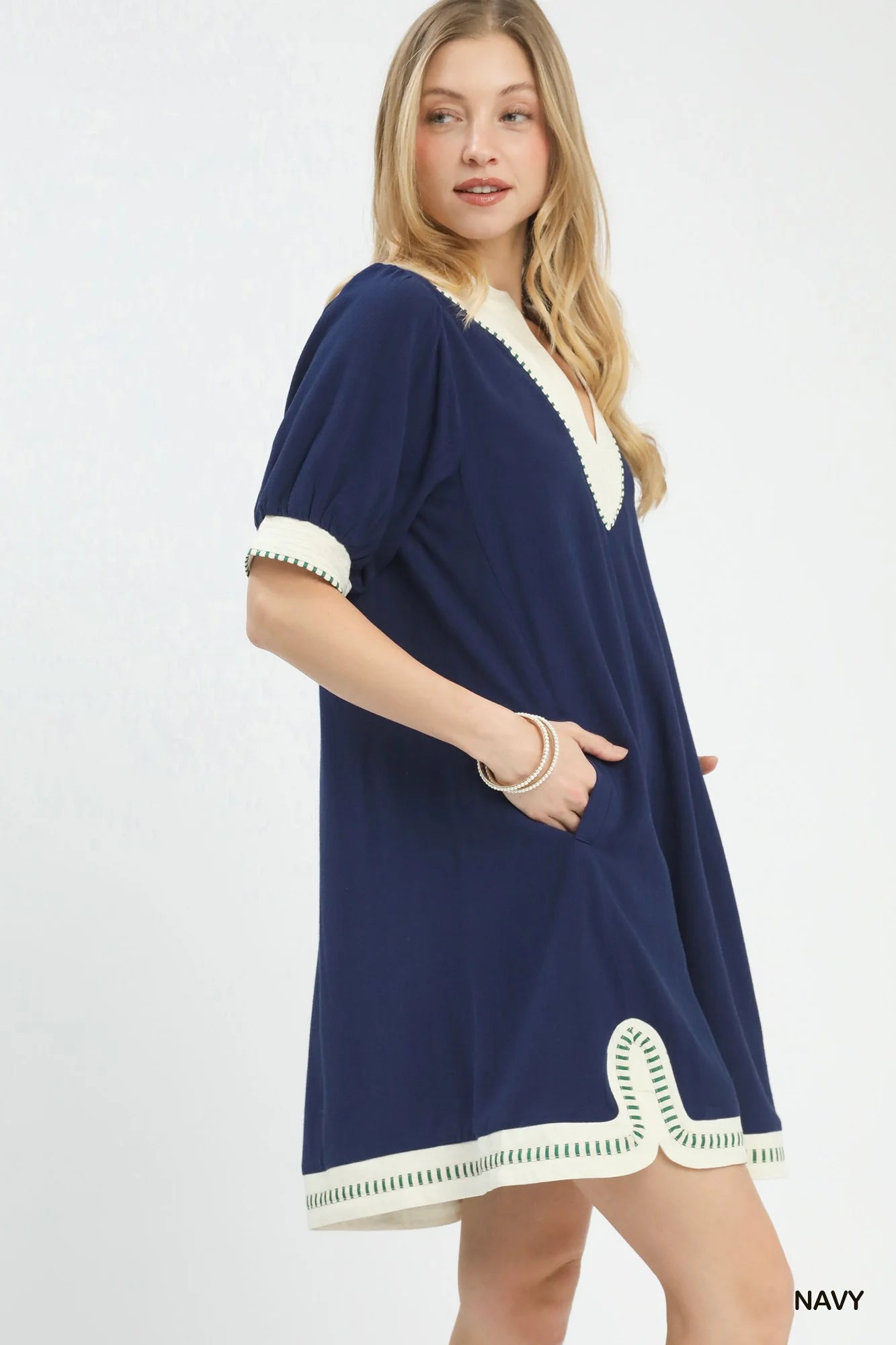 Umgee Linen Contrast Trim Midi Dress