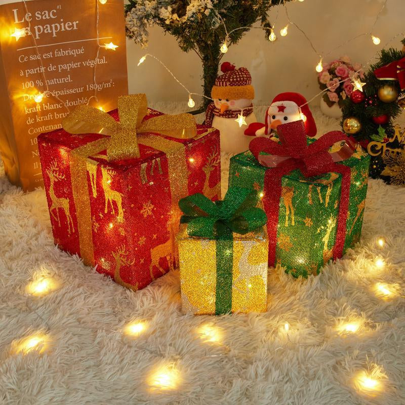 3-Pack Christmas Gift Box Lights – Transparent Red Design with Fairy Light Strings for Indoor Decor. Features Battery Dual Power Supply, 8 Flashing Modes with Timer Function. Perfect for Christmas Trees, Home Decor, Weddings & Birthday Parties