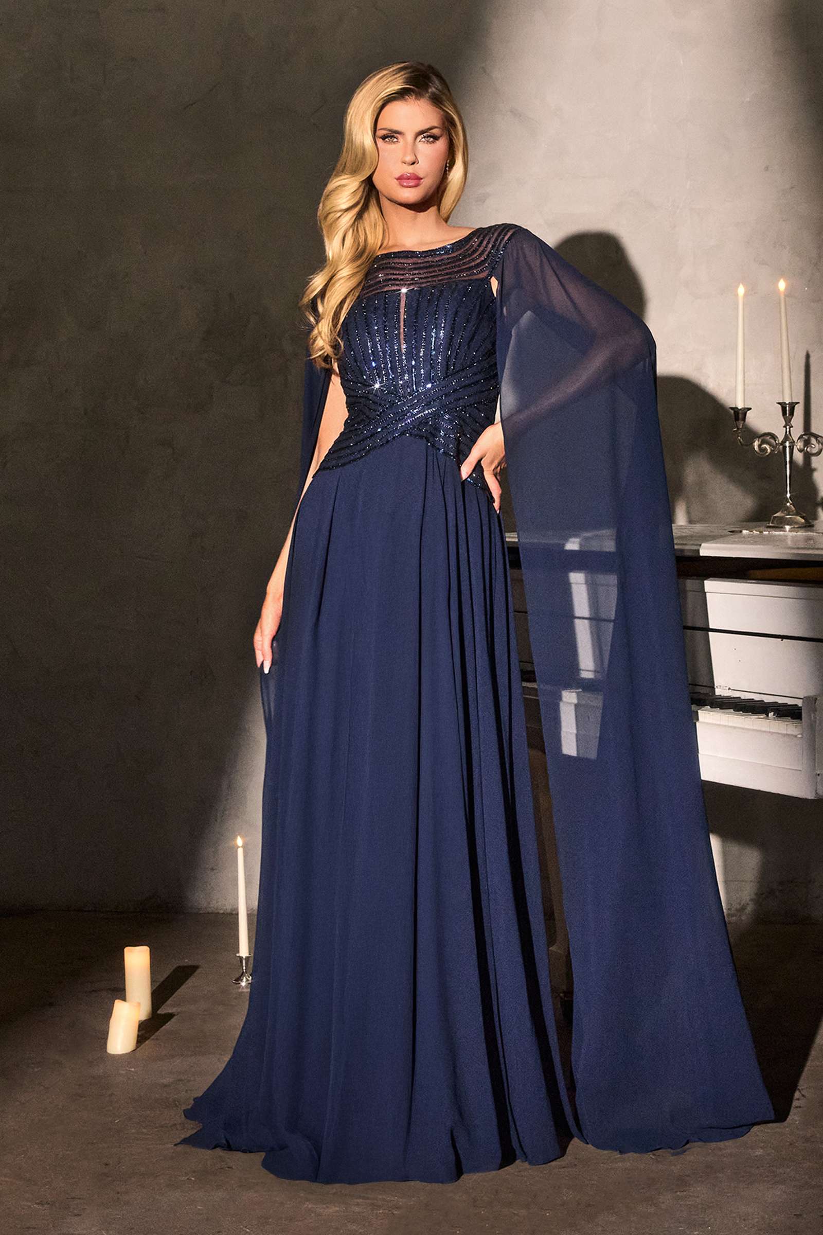 Ladivine CL08 Long A-Line Chiffon Flowing Cape Evening Gown
