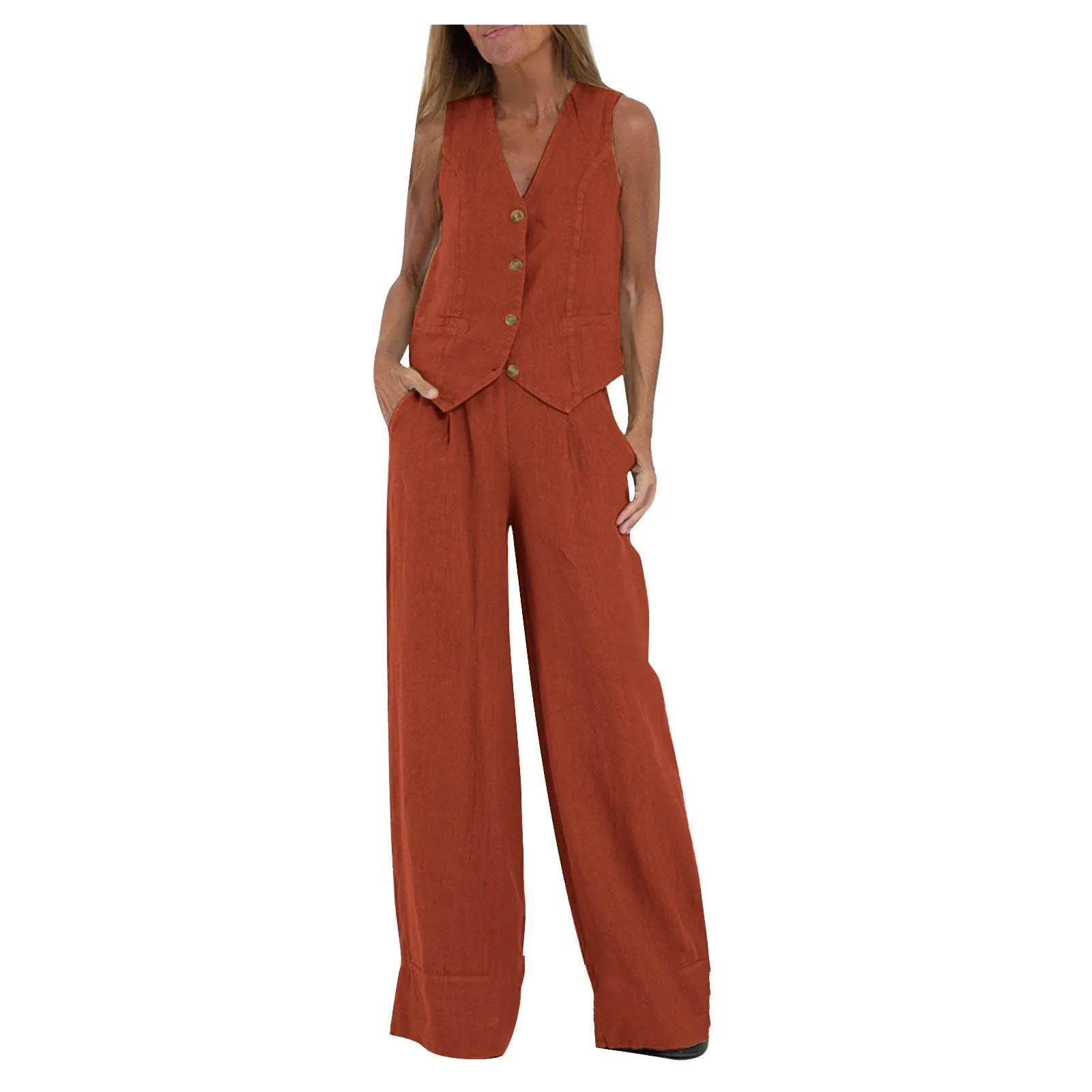 Women Sleeveless Vest – Casual Colorblock Collage Pants Suit