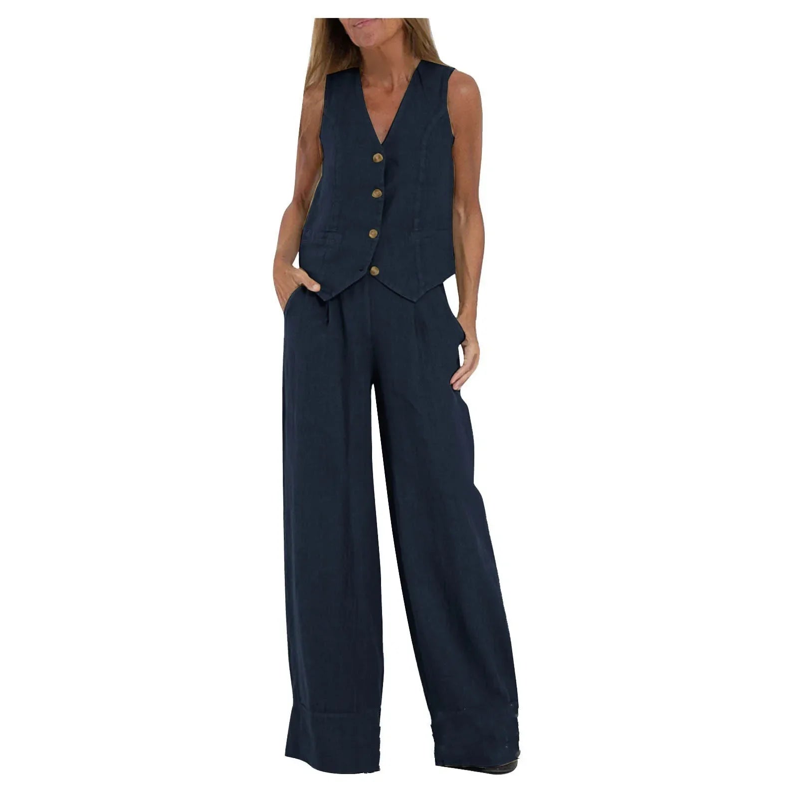 Women Sleeveless Vest – Casual Colorblock Collage Pants Suit