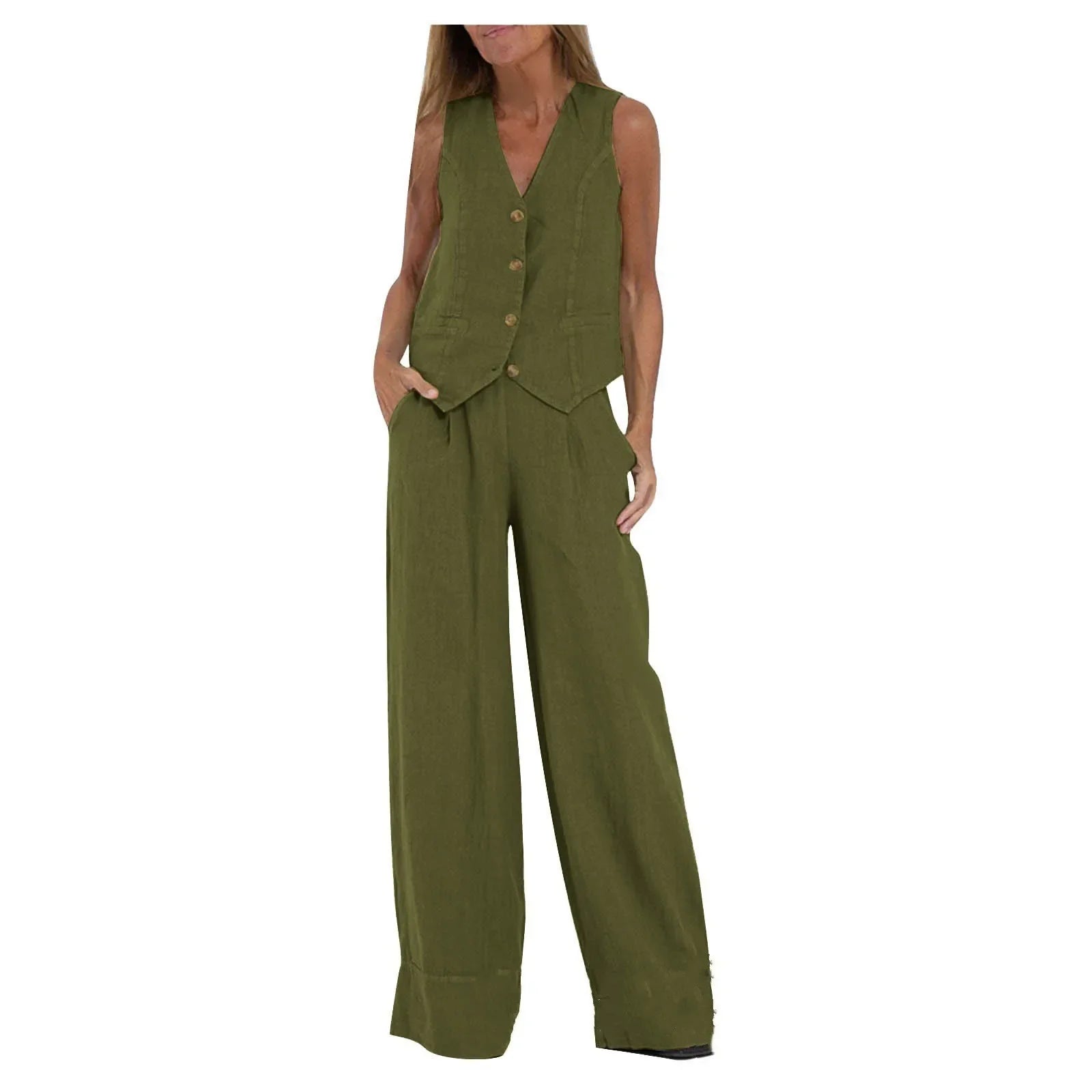 Women Sleeveless Vest – Casual Colorblock Collage Pants Suit