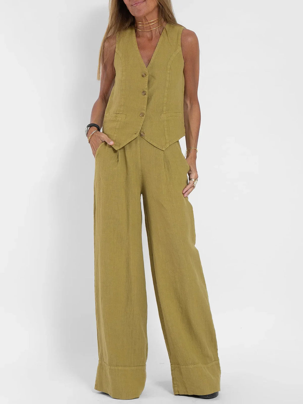 Women Sleeveless Vest – Casual Colorblock Collage Pants Suit