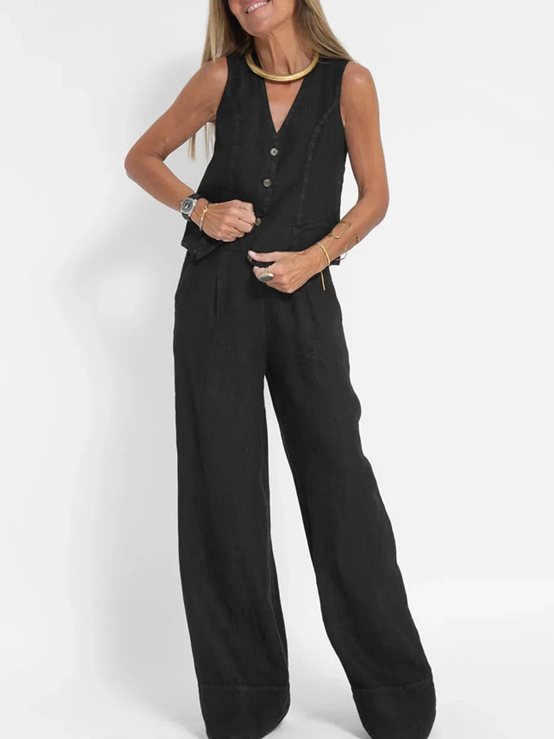 Women Sleeveless Vest – Casual Colorblock Collage Pants Suit