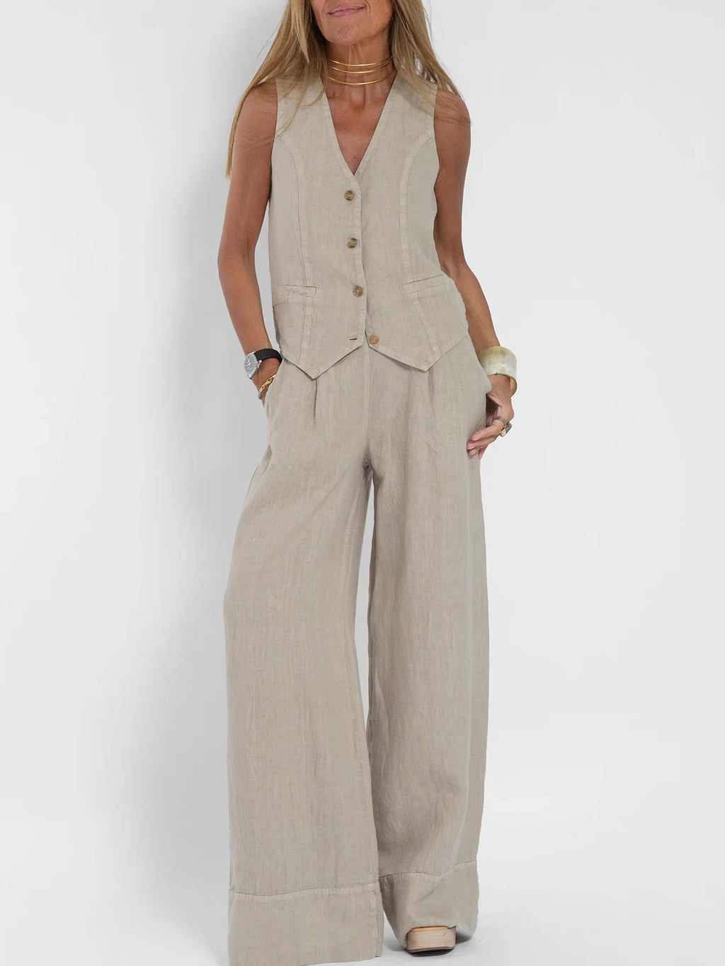 Women Sleeveless Vest – Casual Colorblock Collage Pants Suit