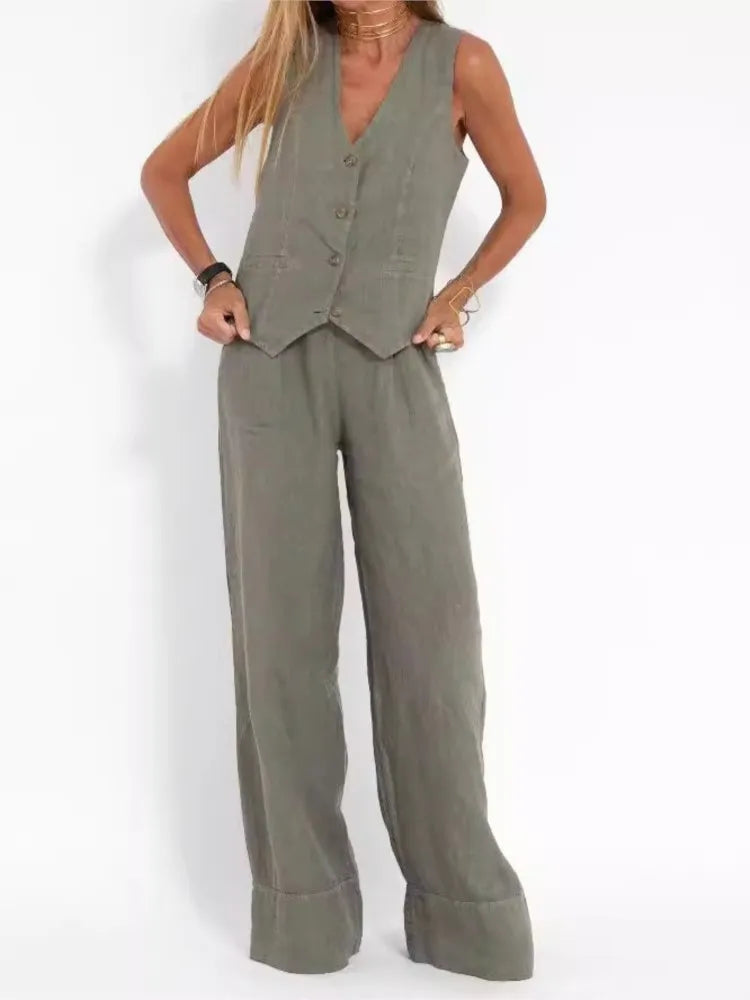 Women Sleeveless Vest – Casual Colorblock Collage Pants Suit