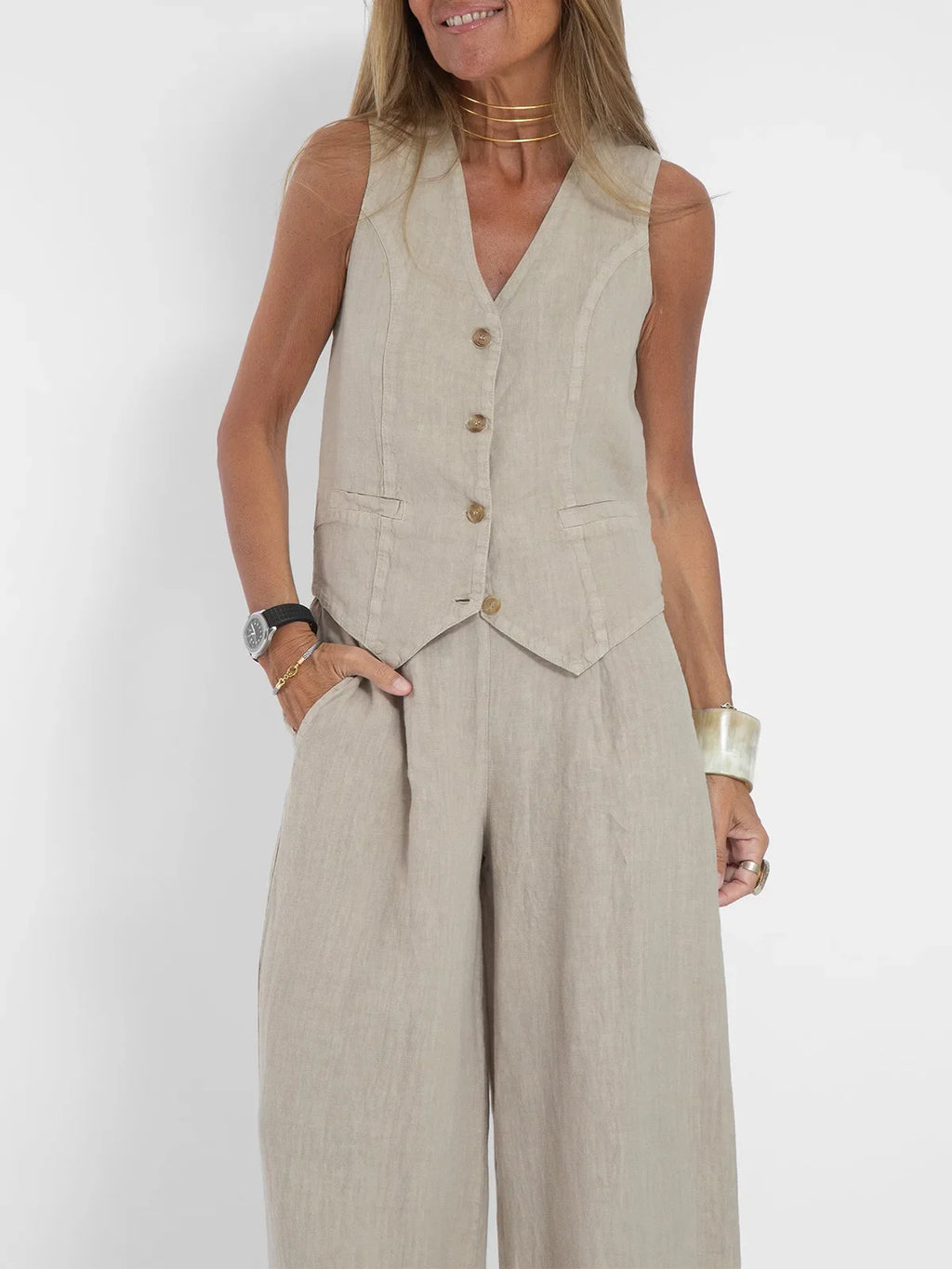Women Sleeveless Vest – Casual Colorblock Collage Pants Suit