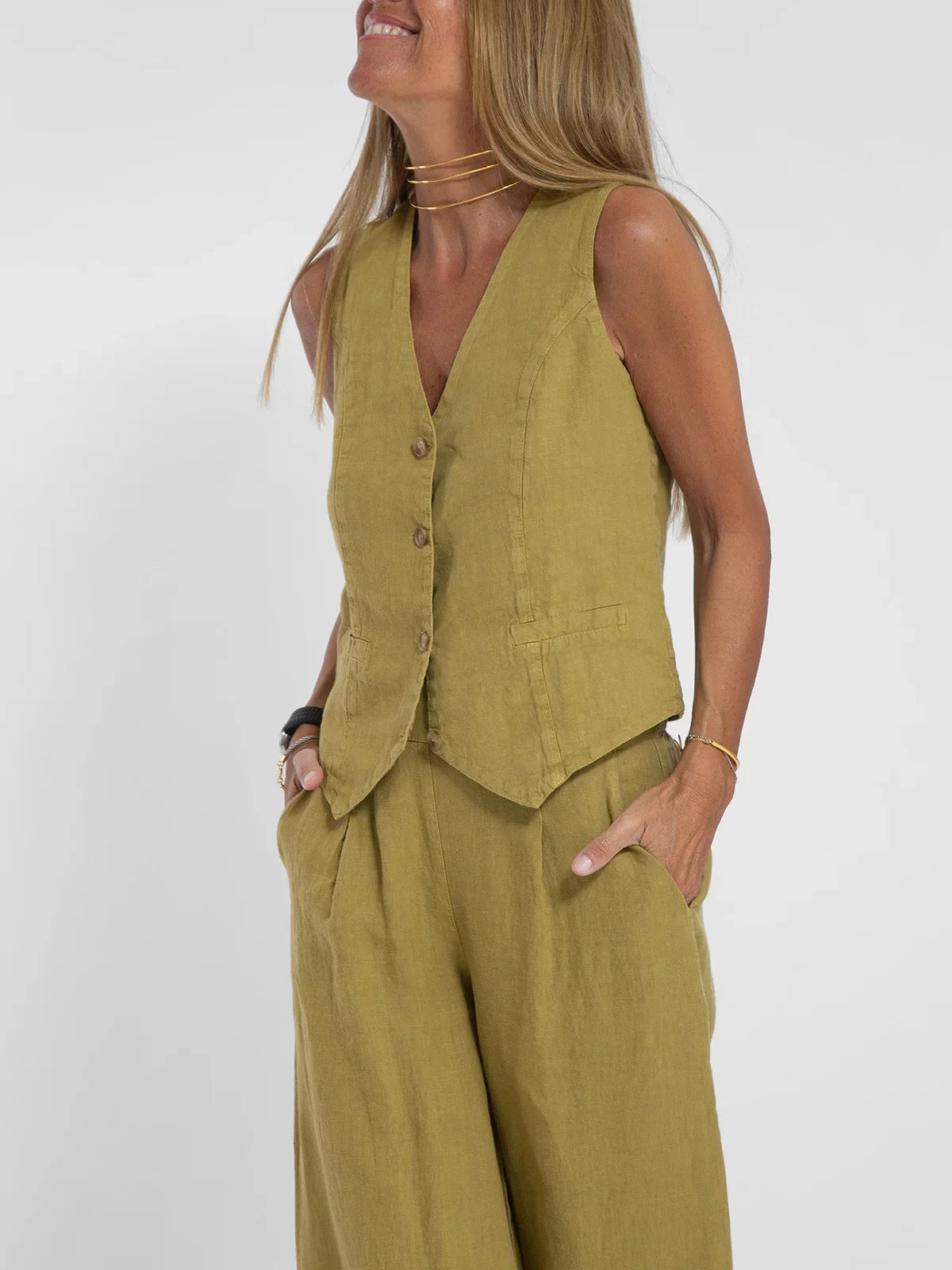 Women Sleeveless Vest – Casual Colorblock Collage Pants Suit