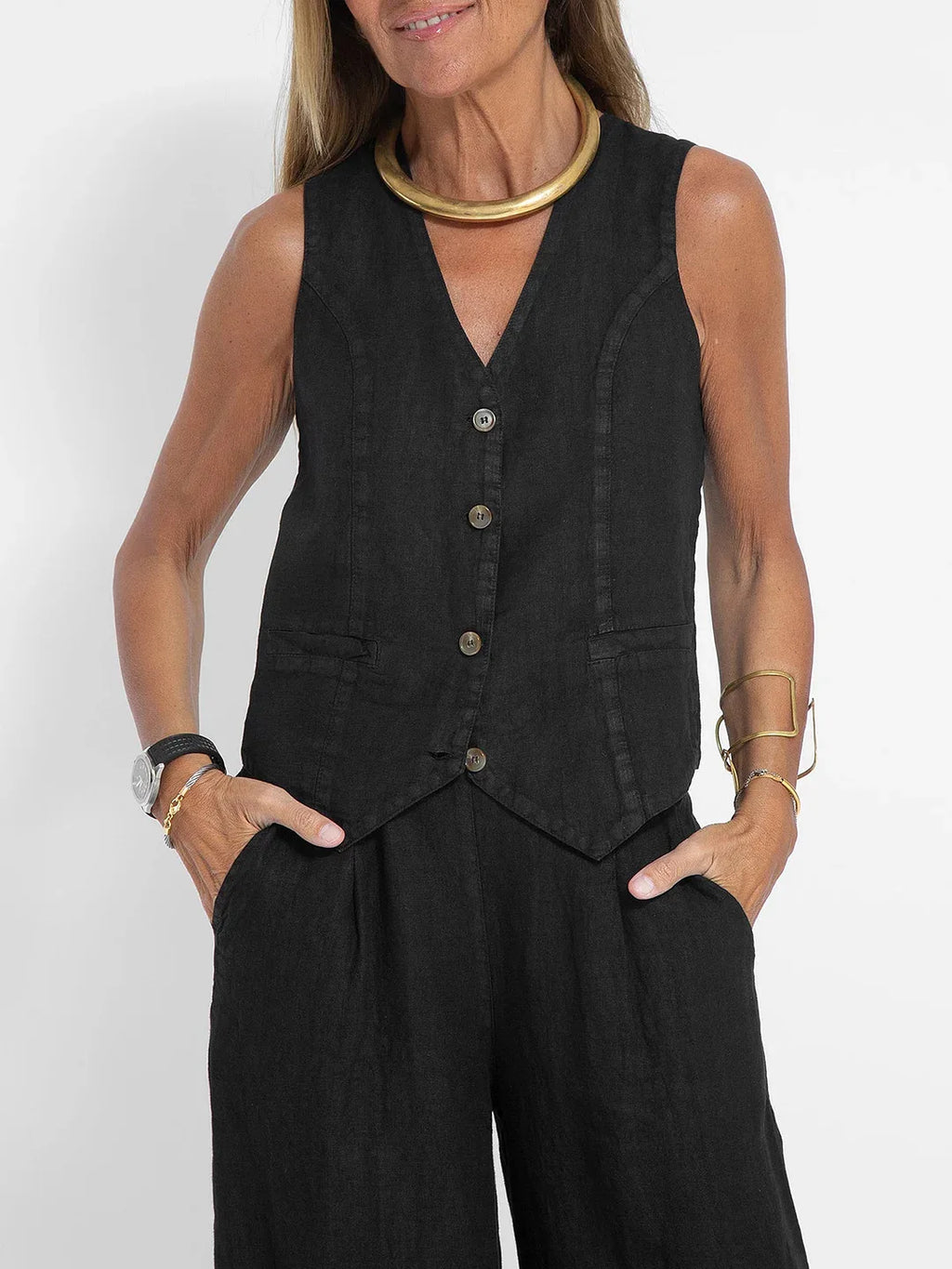 Women Sleeveless Vest – Casual Colorblock Collage Pants Suit