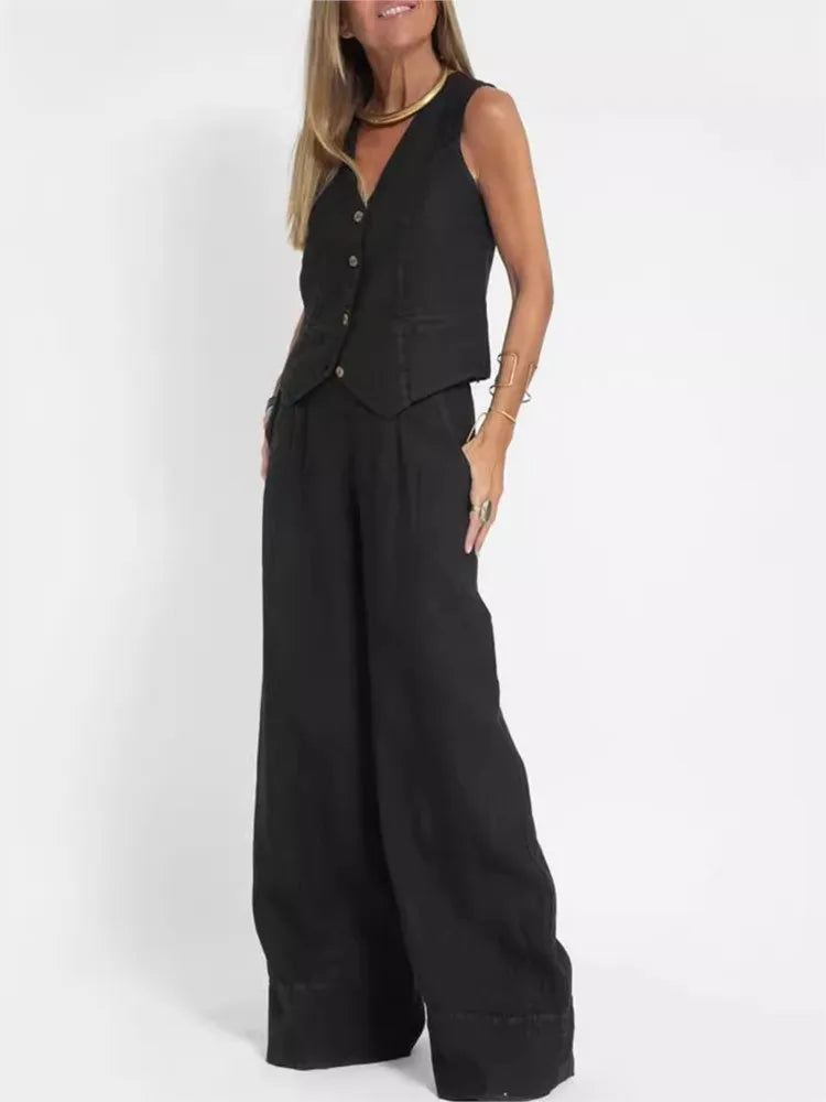 Women Sleeveless Vest – Casual Colorblock Collage Pants Suit