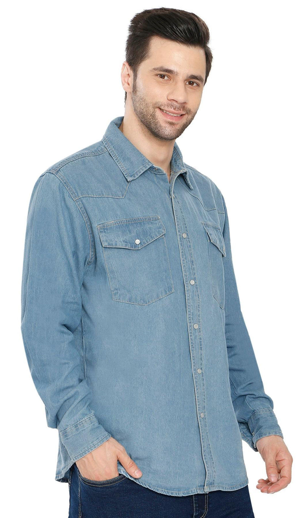 Men's Western Snap Button Shirt — Denim and Twill with Stitched Yoke
