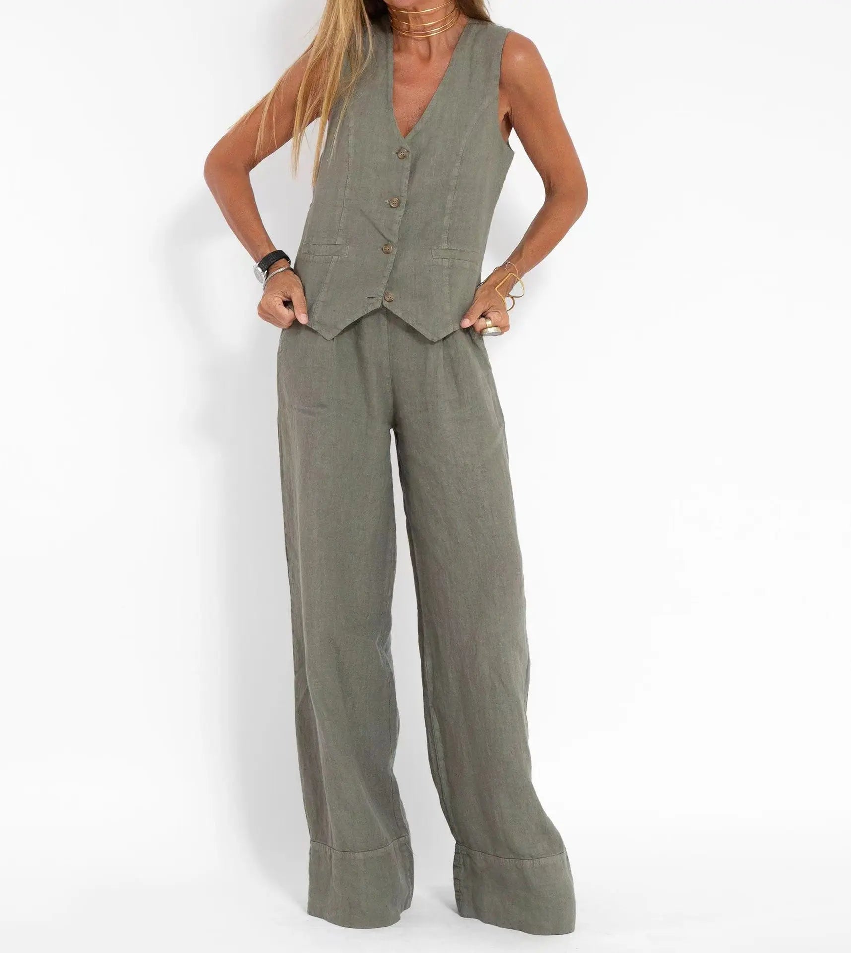 Women Sleeveless Vest – Casual Colorblock Collage Pants Suit
