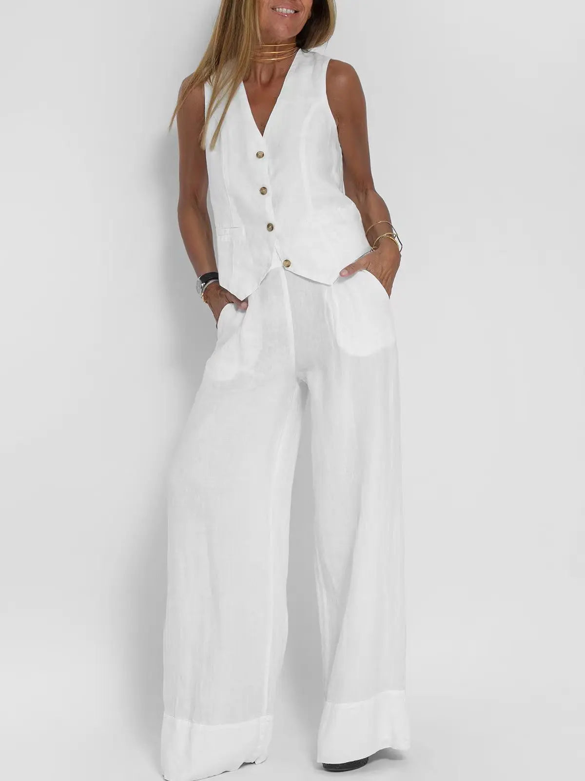 Women Sleeveless Vest – Casual Colorblock Collage Pants Suit