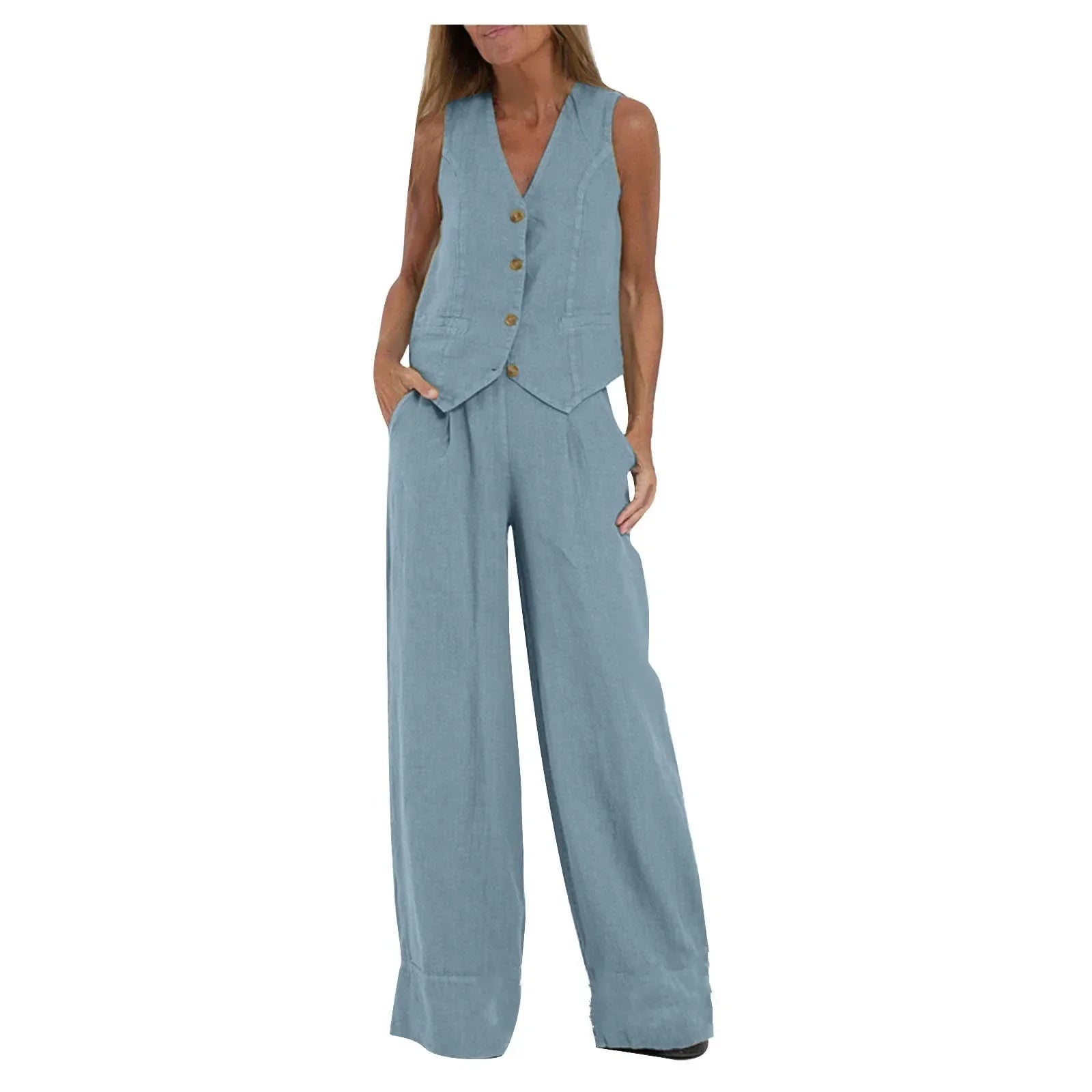 Women Sleeveless Vest – Casual Colorblock Collage Pants Suit