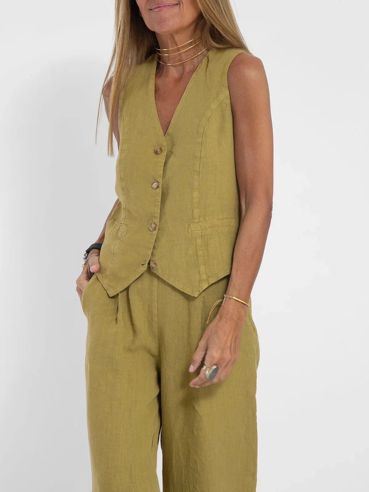 Women Sleeveless Vest – Casual Colorblock Collage Pants Suit