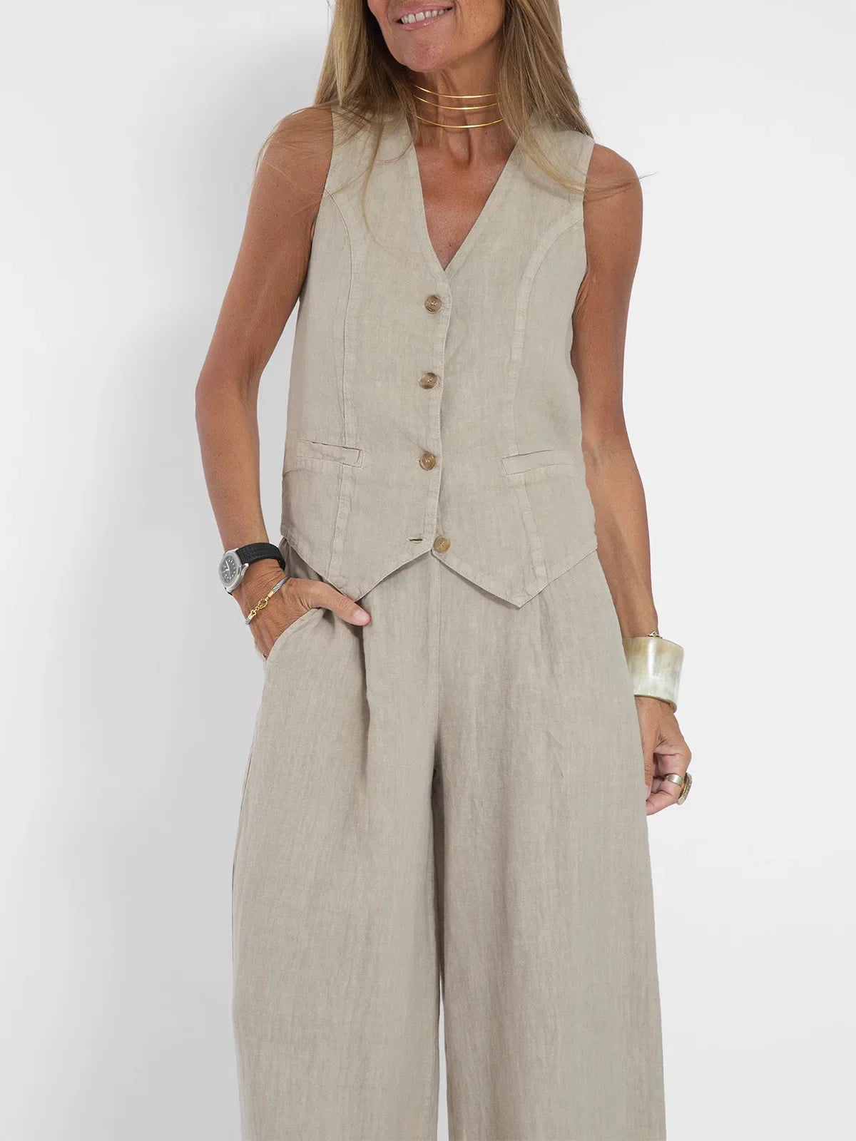 Women Sleeveless Vest – Casual Colorblock Collage Pants Suit