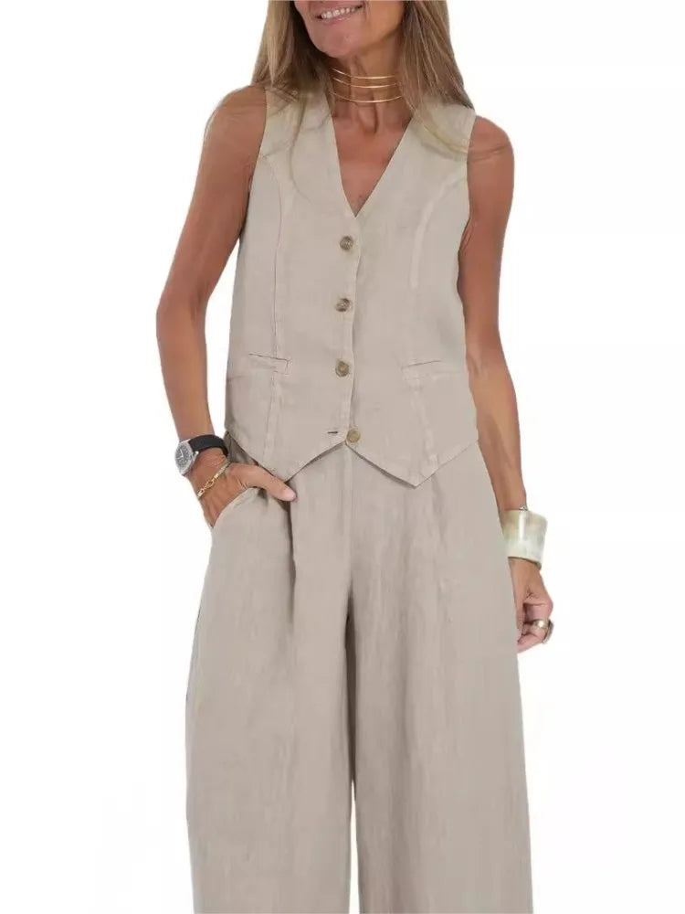 Women Sleeveless Vest – Casual Colorblock Collage Pants Suit