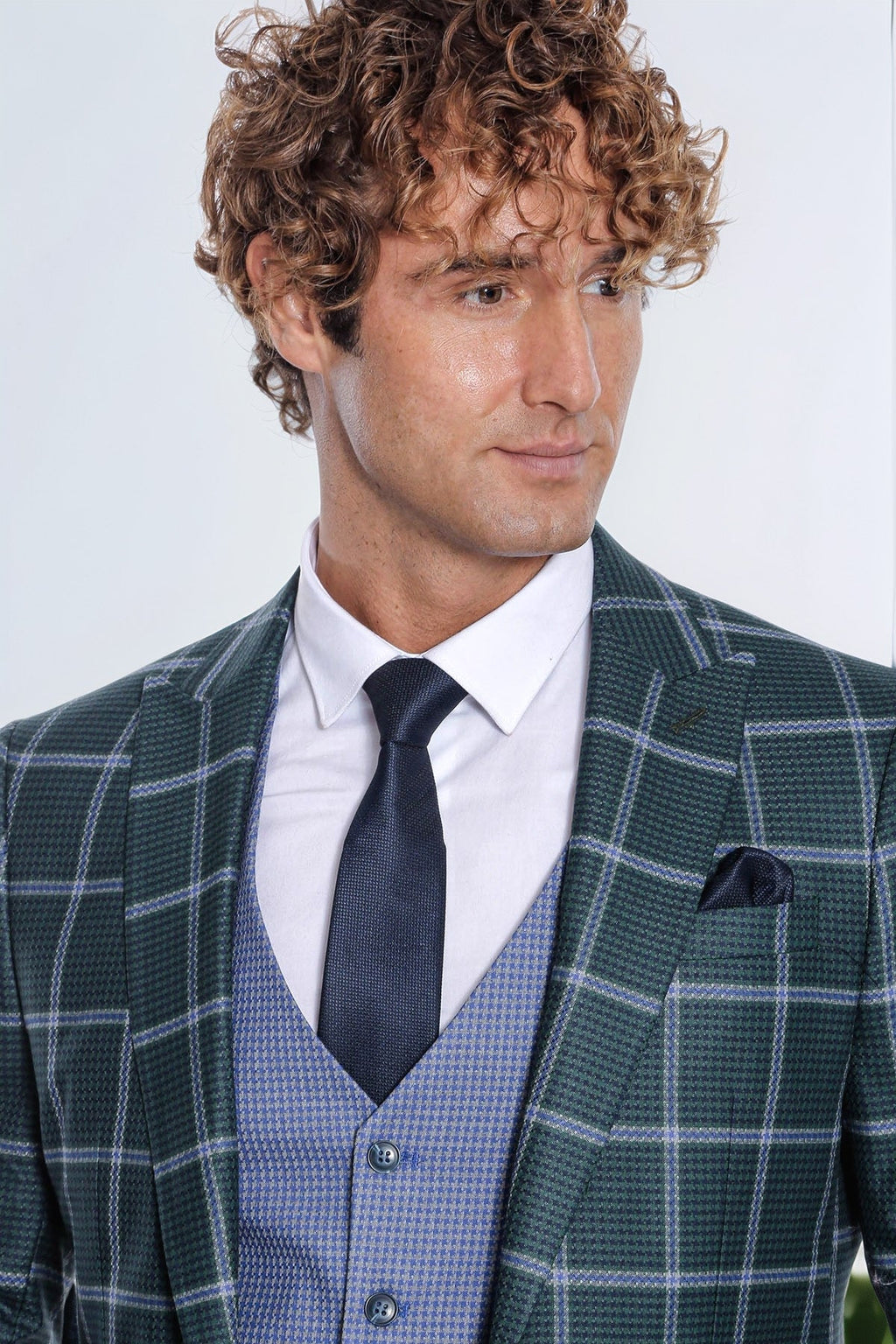 Checked Patterned Slim Fit Green Men Suit - Wessi
