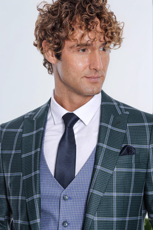 Checked Patterned Slim Fit Green Men Suit - Wessi