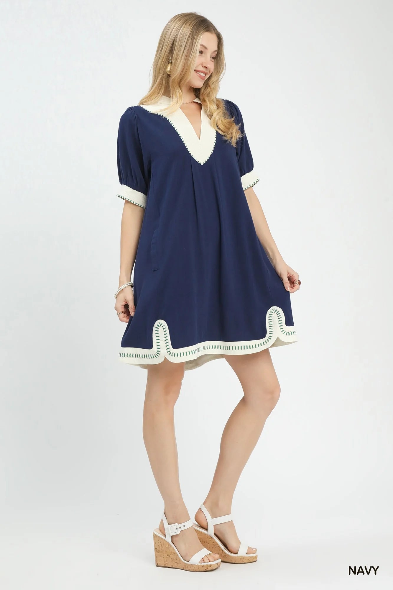 Umgee Linen Contrast Trim Midi Dress