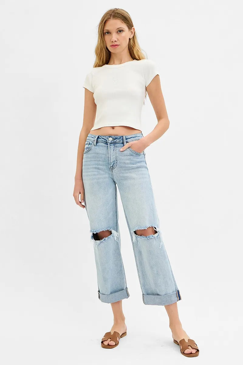 RISEN Mid Rise Cuffed Boyfriend Jeans