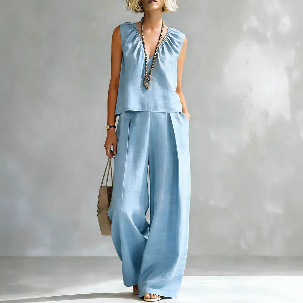 Women's Sleeveless Cotton-Linen Shirt & Pants Set – Urban 2-Piece