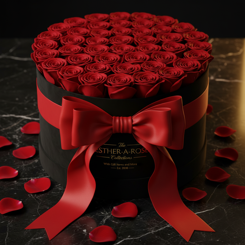 ESTHER-A-ROSE Signature Black & Gold Million Roses Box with Red Satin Bow