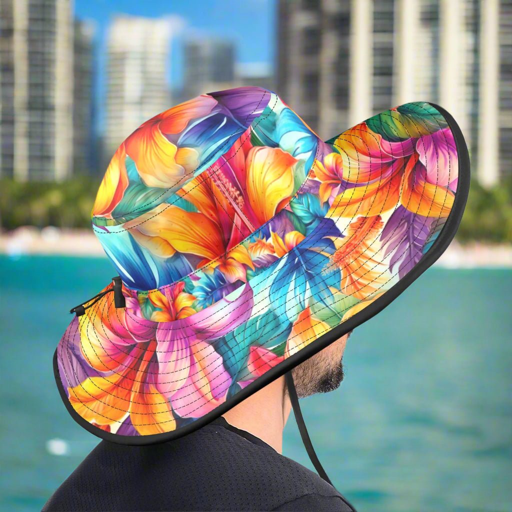 Hawaiian Floral Pattern Floppy Bucket Sun Hat Wide Brim Bucket Hat