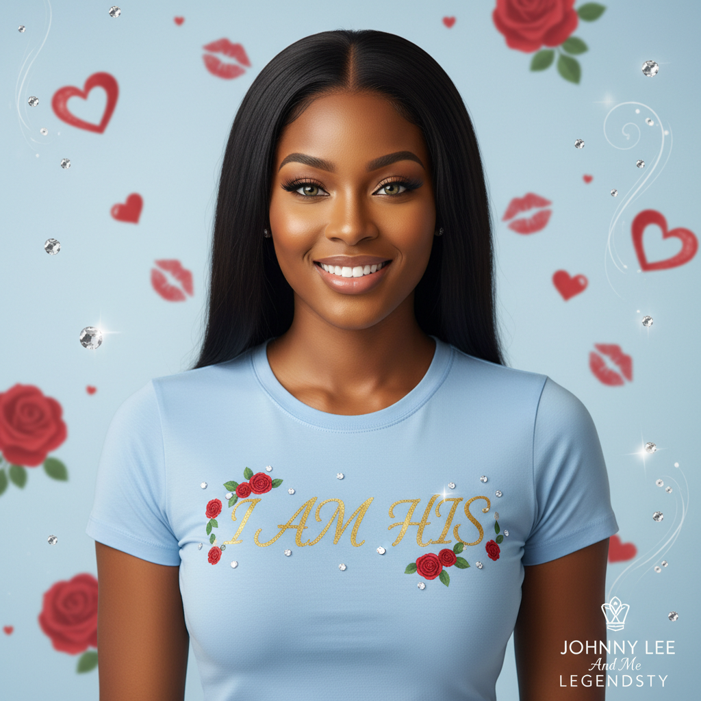Beautiful woman wearing I AM HIS baby blue t-shirt with gold script and red roses