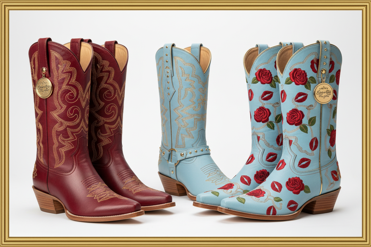 ESTHER-A-ROSE signature western cowboy boots with gold chunky block heel in solid red, solid baby blue and signature blend
