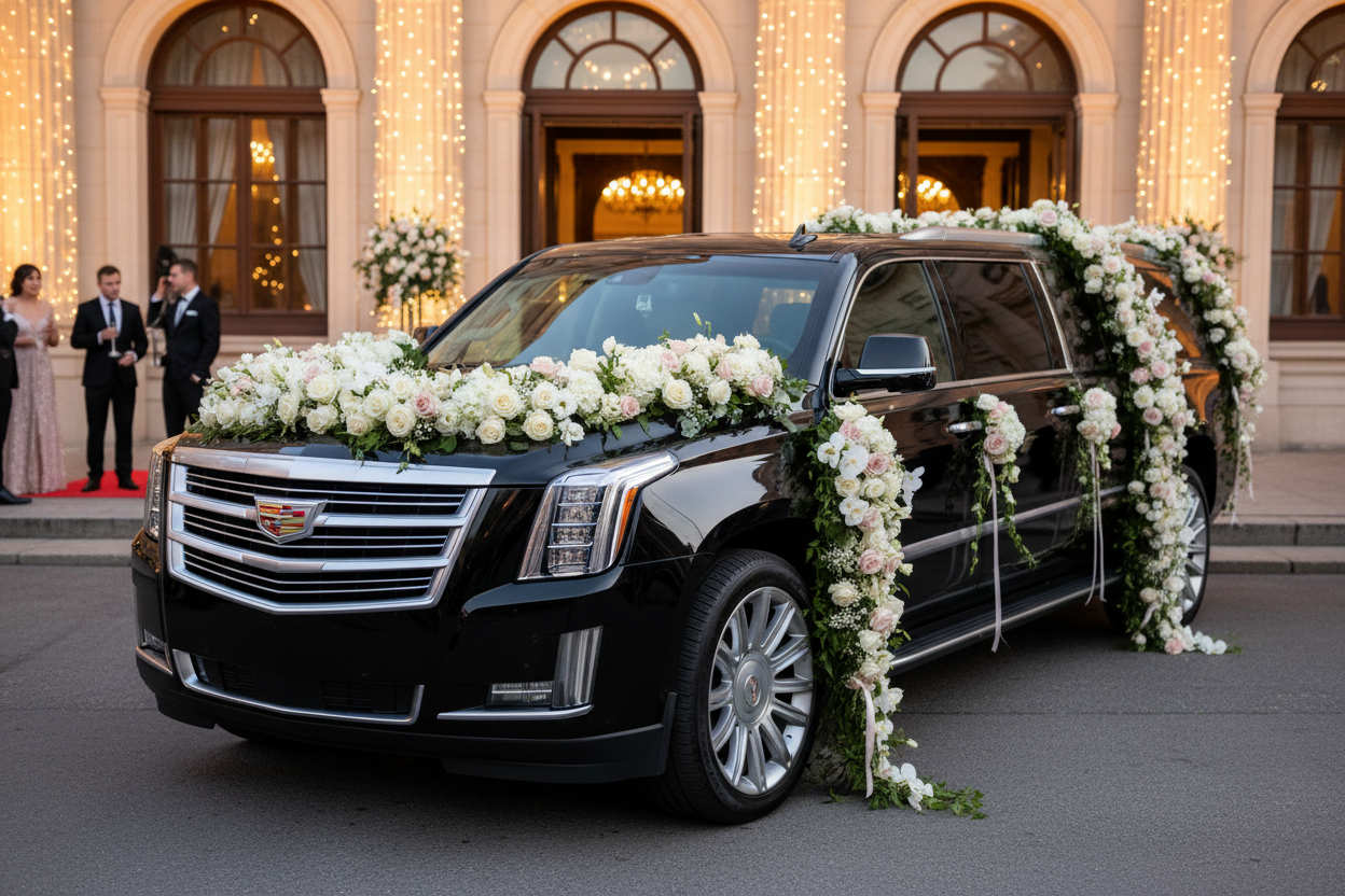 Luxury SUV decorated with beautiful rose floral arrangements for weddings and events