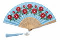 Baby blue pleated fan with red rose embroidery and rhinestones ESTHER-A-ROSE