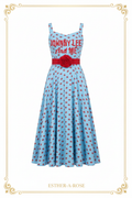 JOHNNY LEE And ME sky blue sundress Style A — wide red belt with red rose at waist