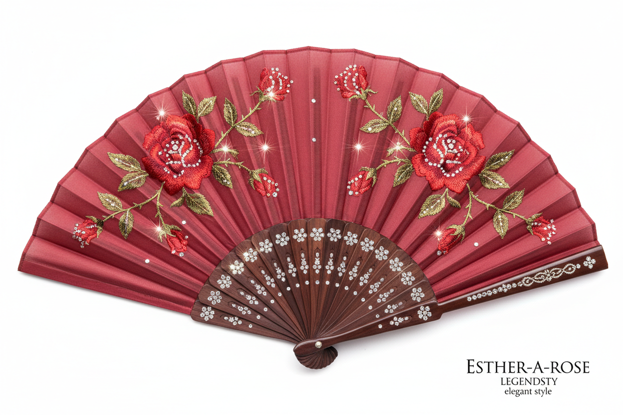 Red pleated fan with red rose embroidery and rhinestones ESTHER-A-ROSE