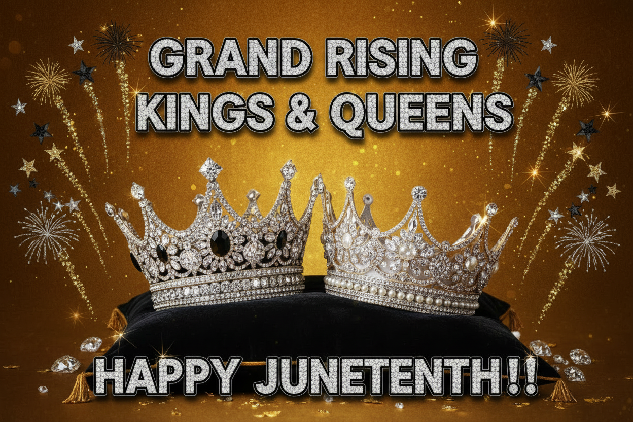 Two rhinestone crowns with black silver and gold fireworks on gold background — Happy Juneteenth