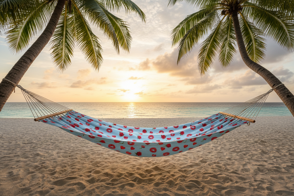 ESTHER-A-ROSE Baby Blue Kisses and Roses Luxury Hammock on tropical beach