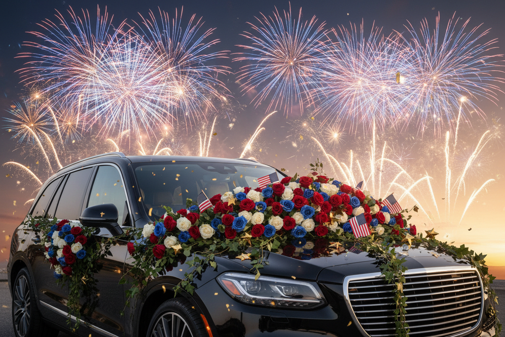 Luxury fireworks display with SUV florals and rose bouquet celebration