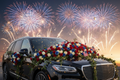Luxury fireworks display with SUV florals and rose bouquet celebration