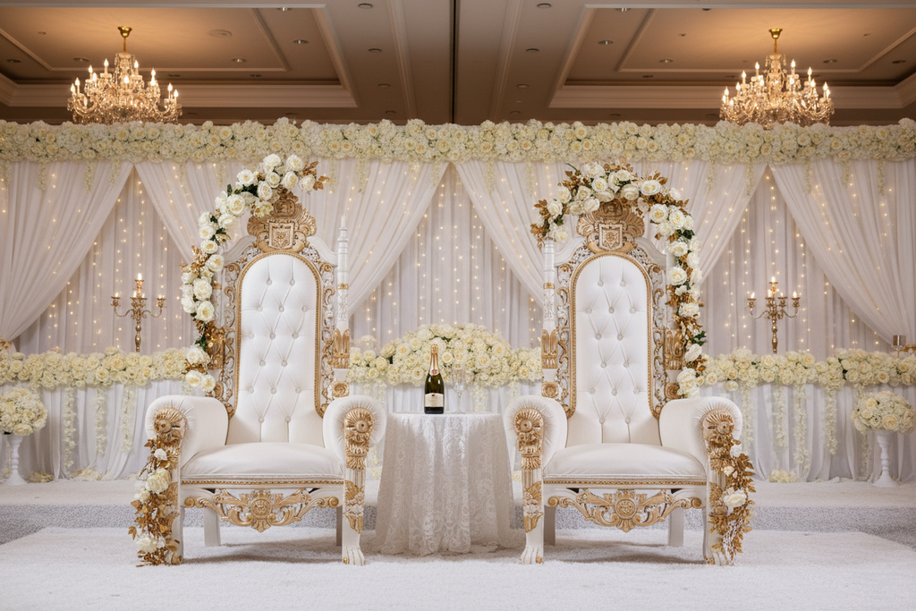 White and Gold Royal Throne Chair Pair with roses