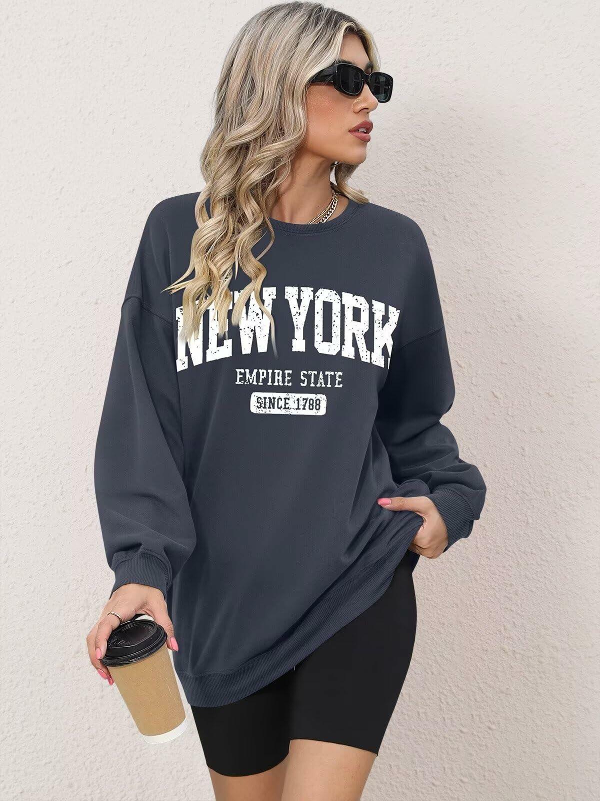 ORANDESIGNE Oversized Graphic Sweatshirt Women Long Sleeve New York Blue Size XS