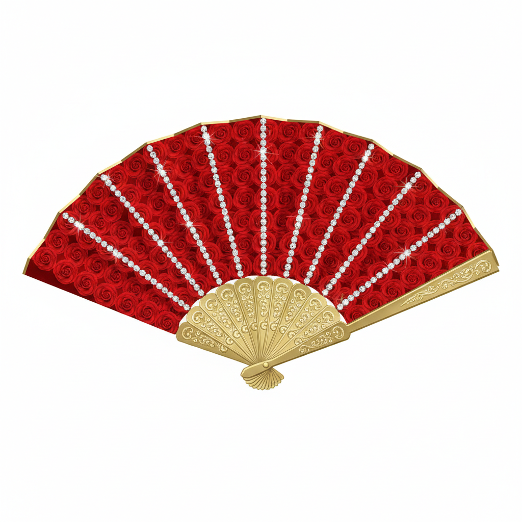 Red Rose Rhinestone Pleated Fan — Full View