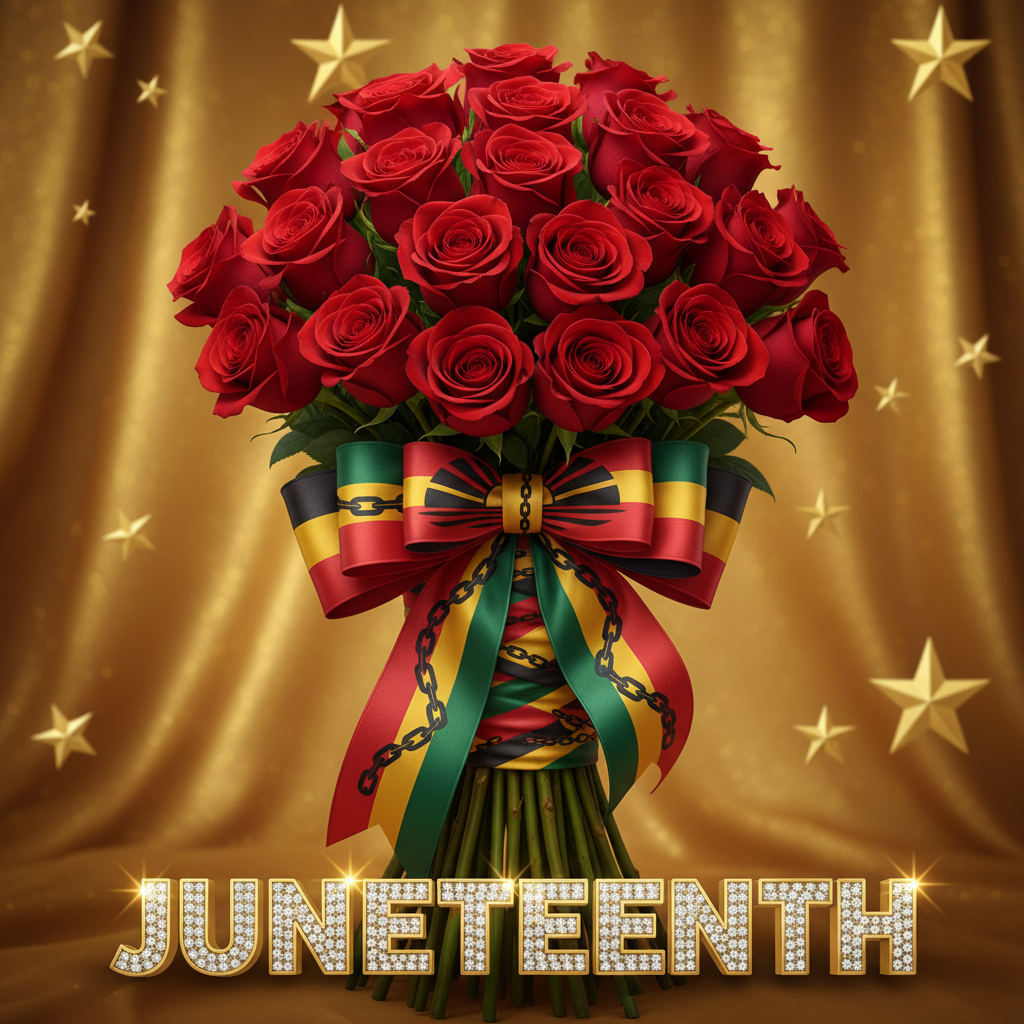 Signature 2 Dozen Red Roses Juneteenth Bow Rhinestone Gold Letters